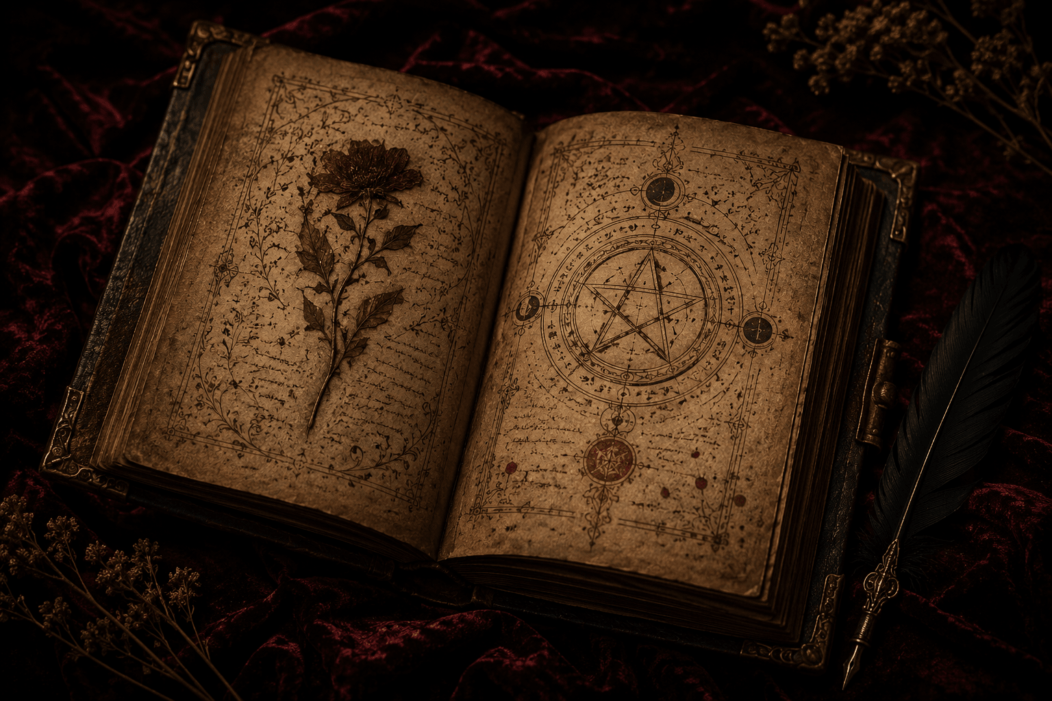 An open ancient grimoire with pressed flowers, a sigil diagram and a quill