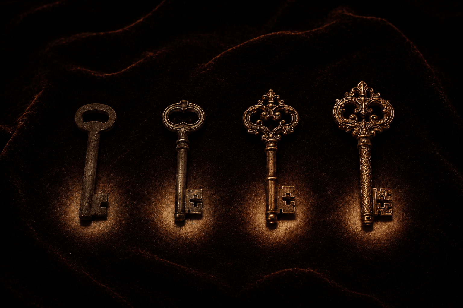 Four antique keys ascending from iron to gold